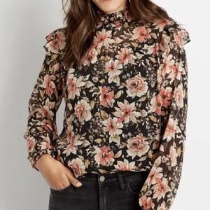 Maurices Floral Sheer Long Sleeve Blouse Romantic Top Size M